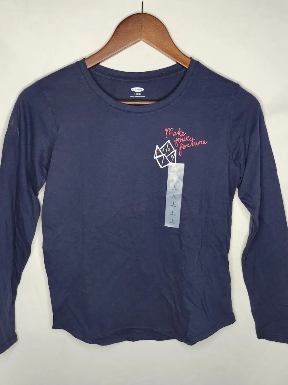 New Girls Old Navy Blue Make Fortune Graphic Crew Neck Tee Shirt Size L 10-12